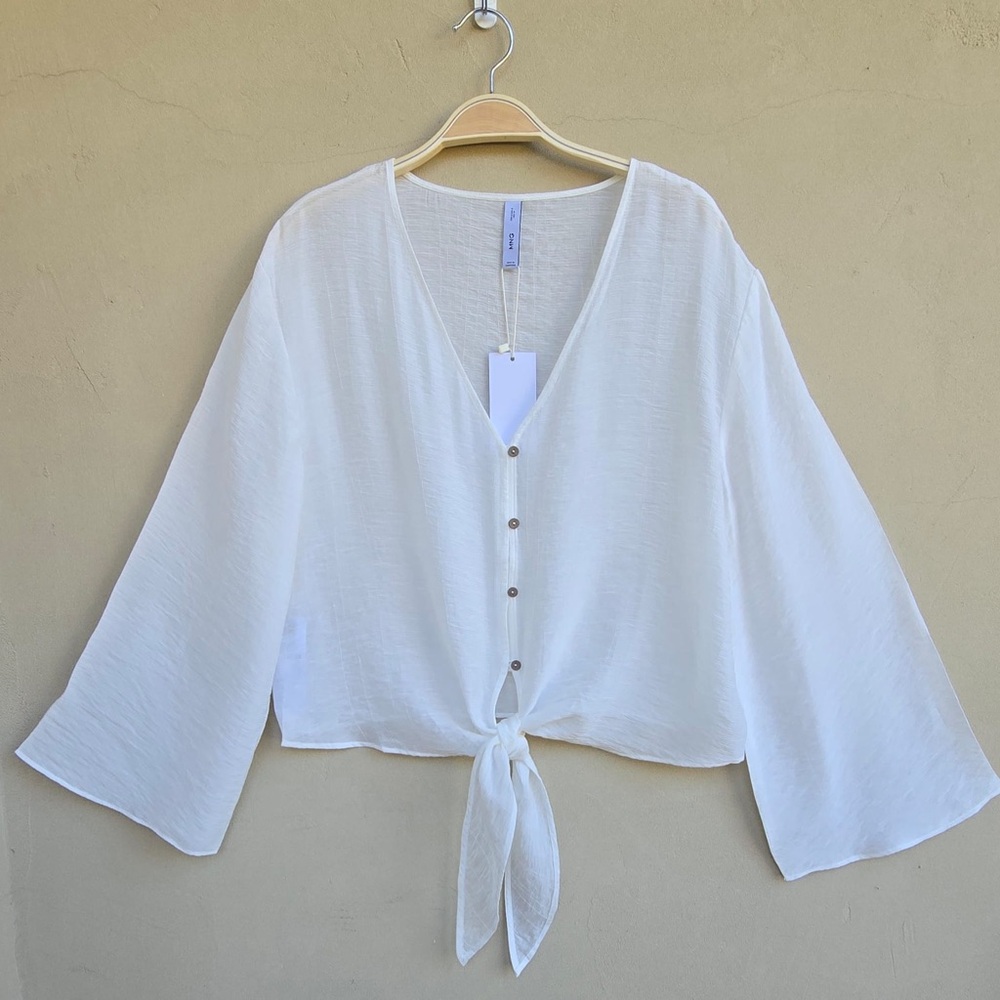 Mango White Tie Front Flared Sleeve Blouse Long Sleeve Boho Chic NWT Sz M #135 - Picture 10 of 14